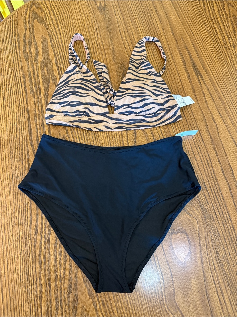 aerie Two-Piece Bikini Set - Black Bottoms & Tan Zebra-Print Top